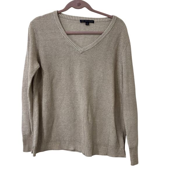 Brooks Brothers 346 Womens Sz Large Linen Blend Tan V Neck Sweater Minimalist - Picture 1 of 5